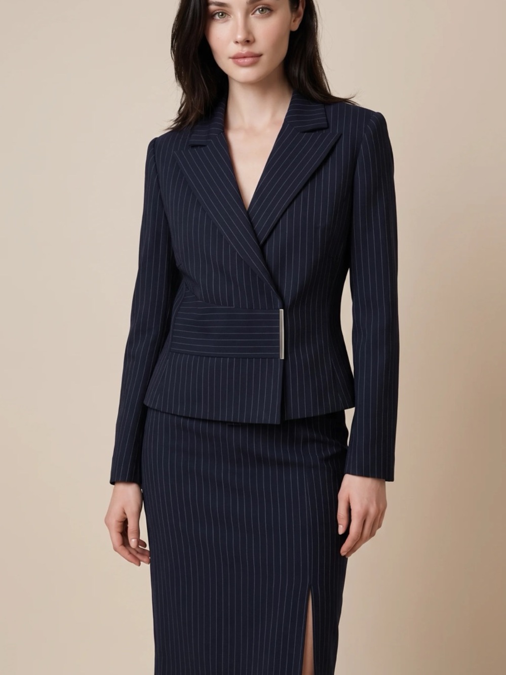 Stresa Petite 4P Navy Pinstripe Asymmetrical Blazer Skirt Suit 2 Piece